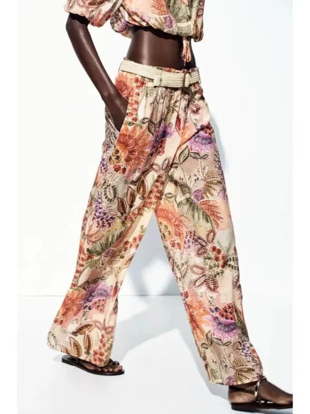 Zara Womens Pants Large Floral High Rise Wide Leg Elastic Waist 3897/207 NWD